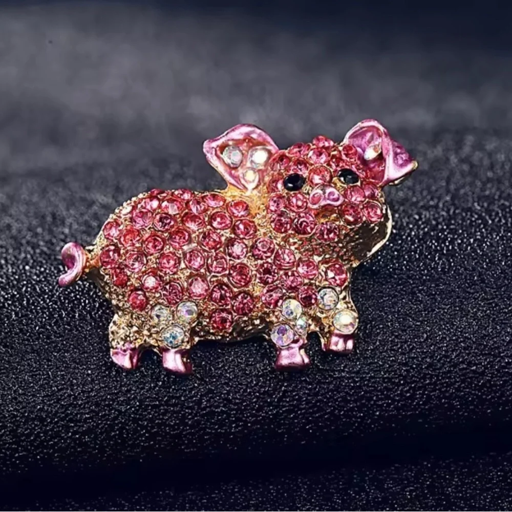 Pink Crystal Pig Brooch